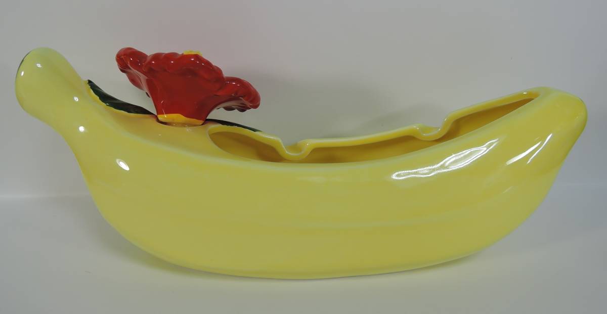 X07昭和レトロ■黄色いバナナの陶器製灰皿　ハイビスカス■_画像5