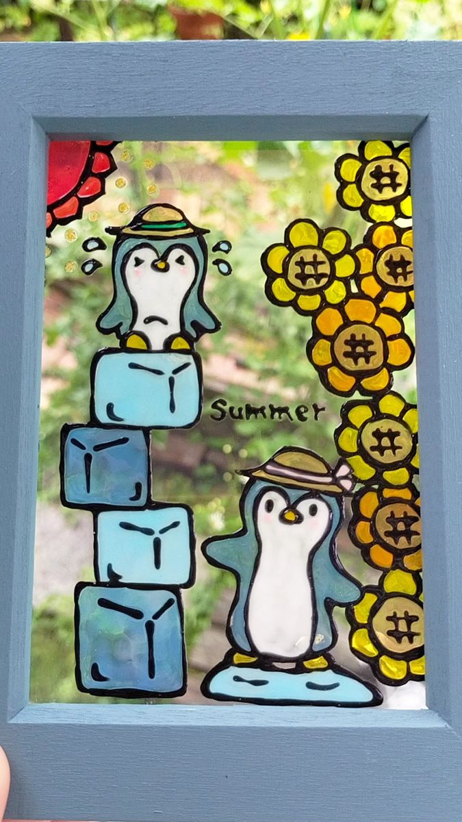 ステンドグラス風 ペンギンとひまわり グラスアート グラスデコ ガラス絵 夏 イラスト プレゼント ハンドメイド