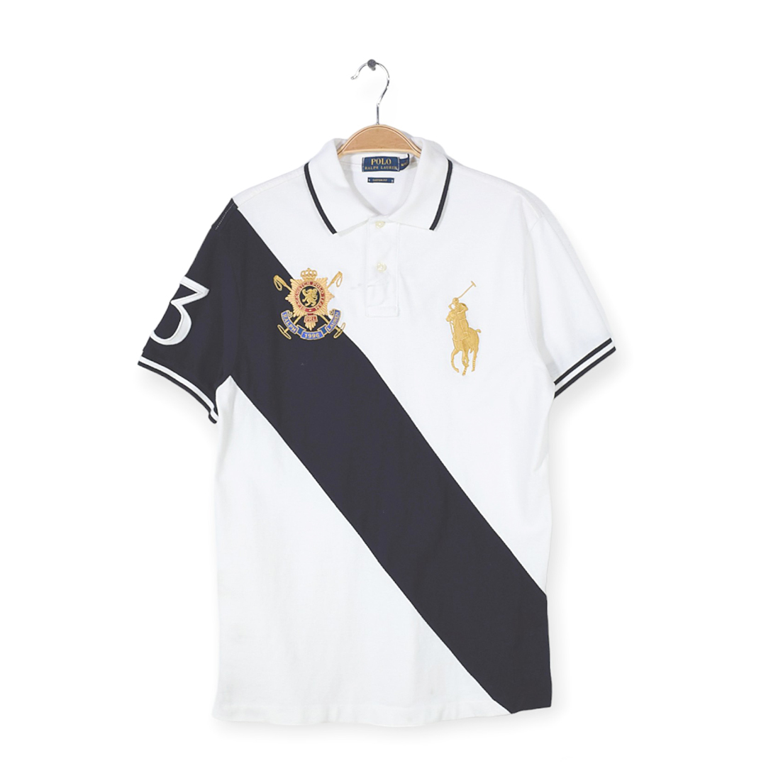 【送料無料】ラルフローレン ビッグポニー ポロシャツ エンブレム ワッペン 袖ナンバー 白黒 RALPH LAUREN メンズM 古着 @CC0178