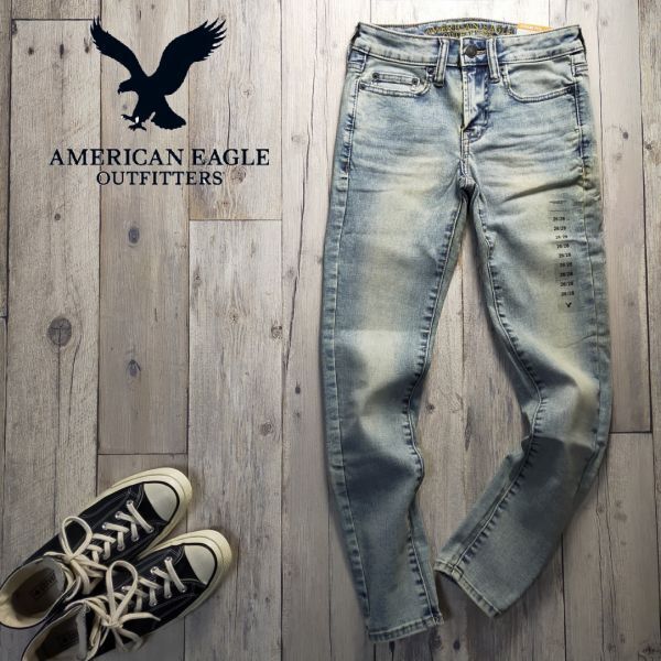 未使用☆A(yù)MERICAN EAGRE アメリカンイーグル☆EXTREME FLEX SUPER SKINNY ストレッチ USED加工 デニム レディース W26 S894