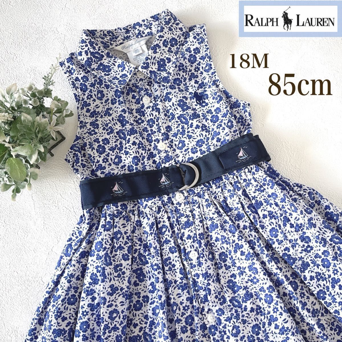 【RALPH LAUREN】花柄 ベルト付 ノースリーブ シャツワンピース 美品】ラルフローレン 清楚 小花柄 ノースリーブ ワンピース