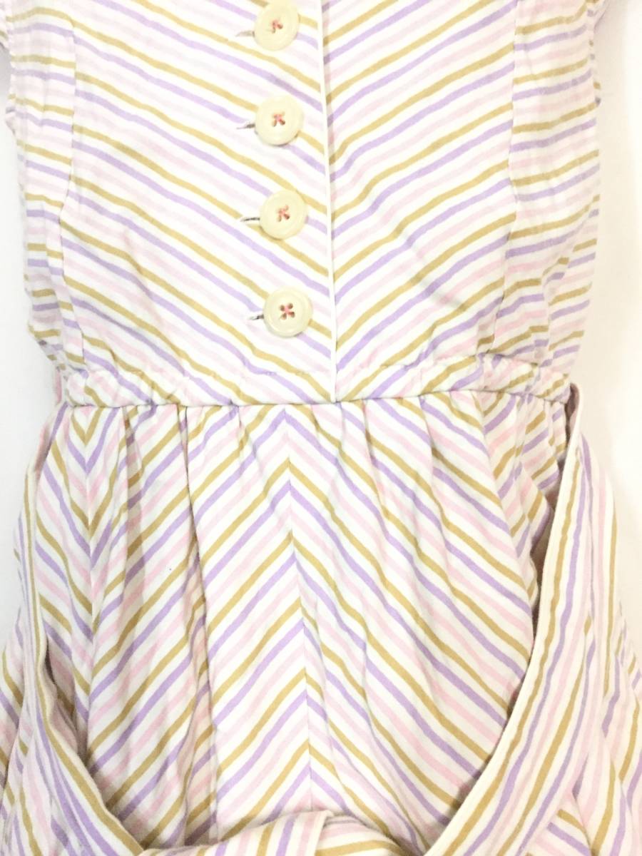 * snidel pastel color multi stripe short sleeves flair Mini One-piece F waist ribbon belt French sleeve V neck white purple pink 