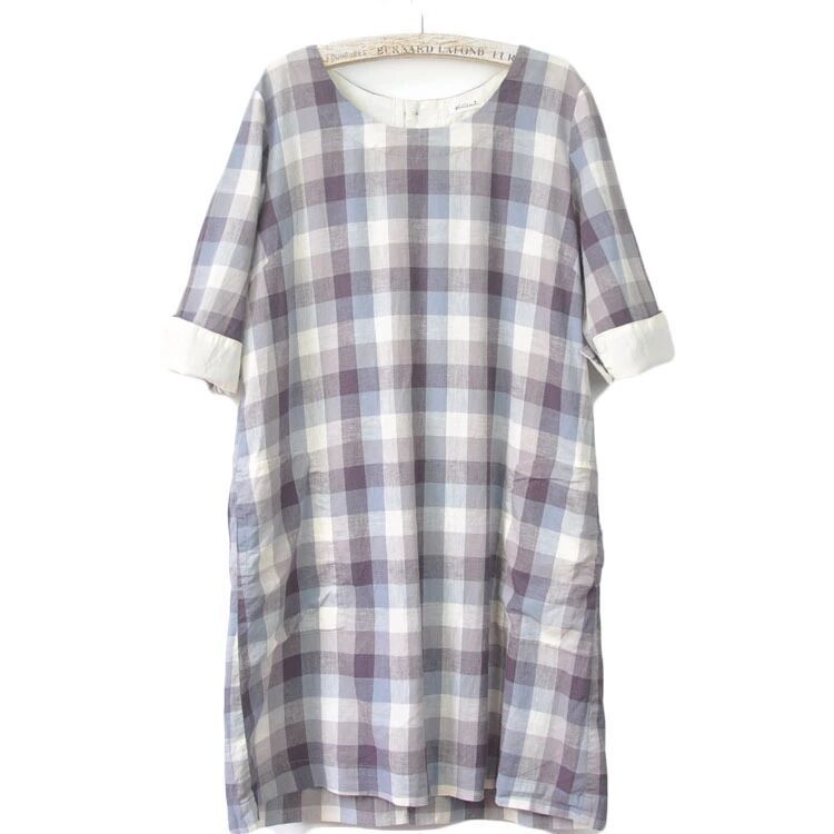  new goods pretty Western-style clothes lady's cotton flax cotton *linen One-piece check -M