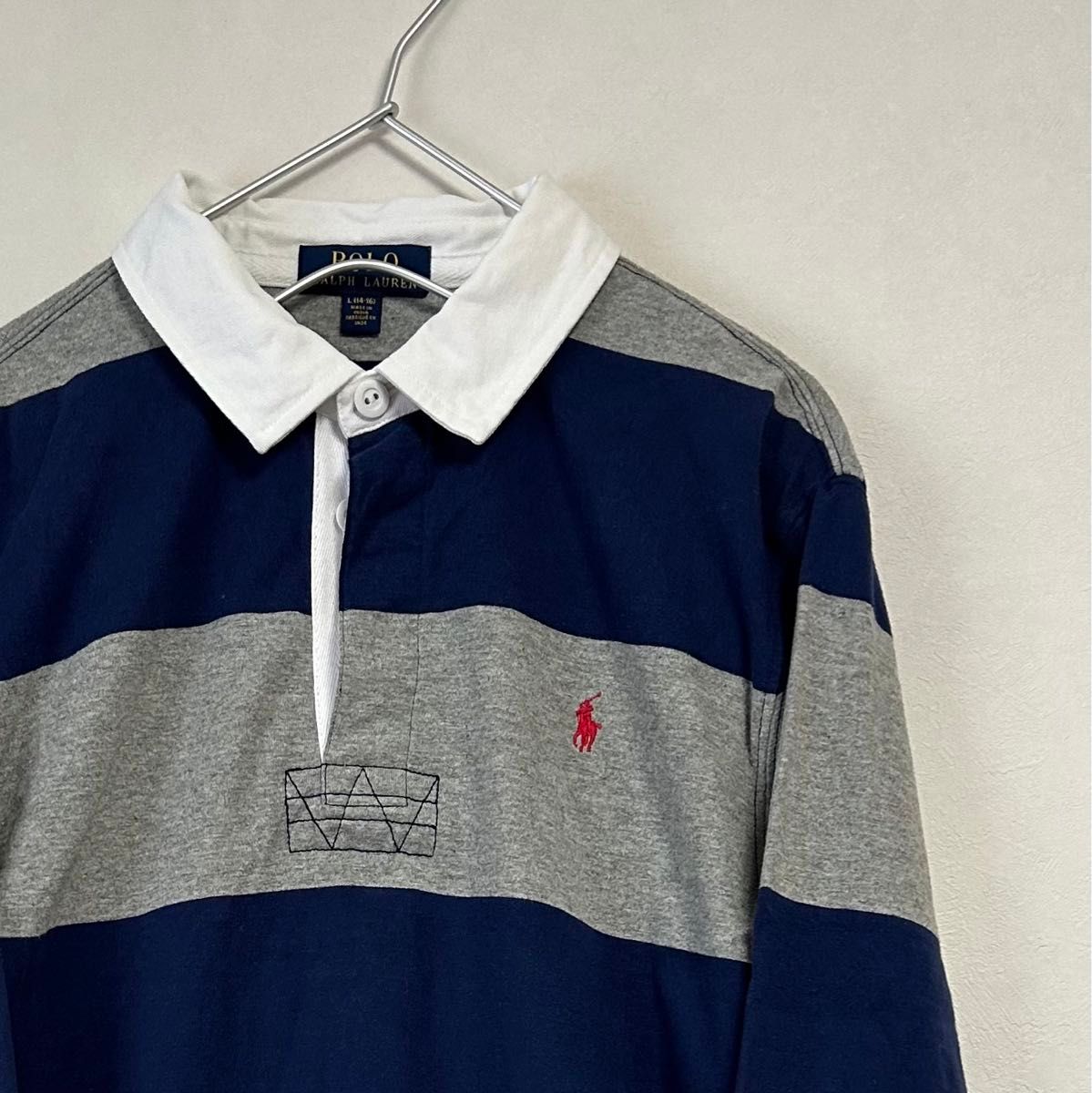 美品90s POLO Ralph Lauren 長袖ラガーシャツ 太ボーダー グレー 美品90s POLO Ralph Lauren 長袖ラガーシャツ 太ボーダー グレー