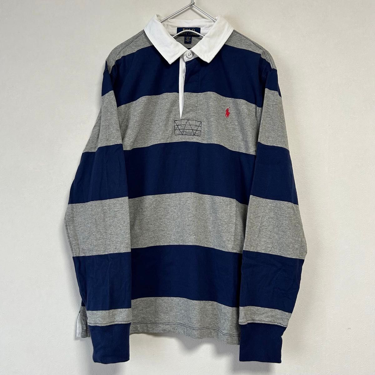 美品90s POLO Ralph Lauren 長袖ラガーシャツ 太ボーダー グレー 美品90s POLO Ralph Lauren 長袖ラガーシャツ 太ボーダー グレー