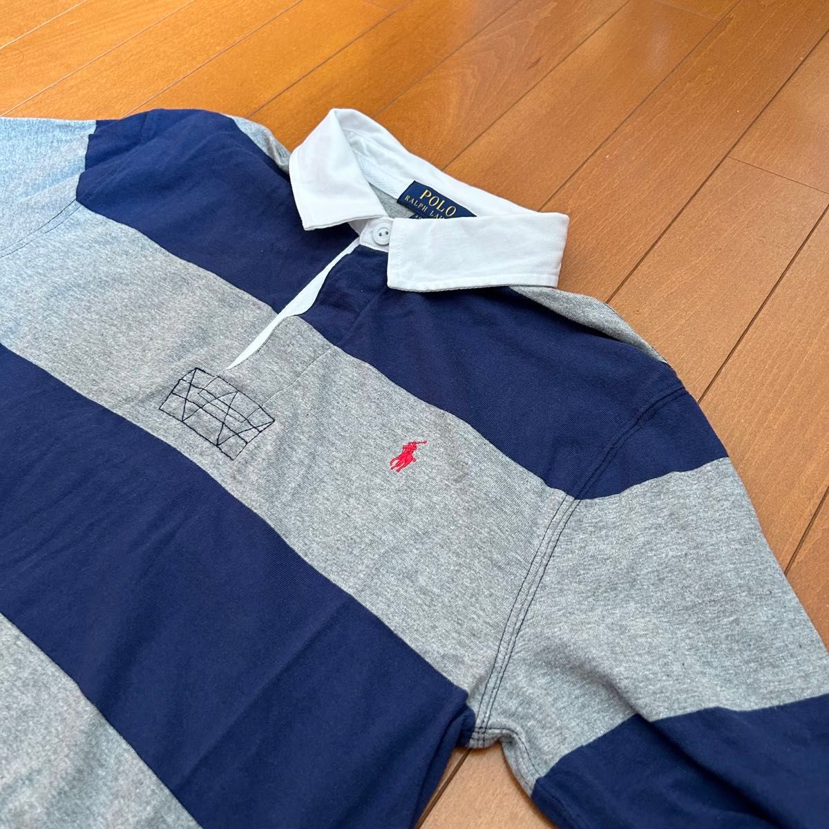 美品90s POLO Ralph Lauren 長袖ラガーシャツ 太ボーダー グレー 美品90s POLO Ralph Lauren 長袖ラガーシャツ 太ボーダー グレー