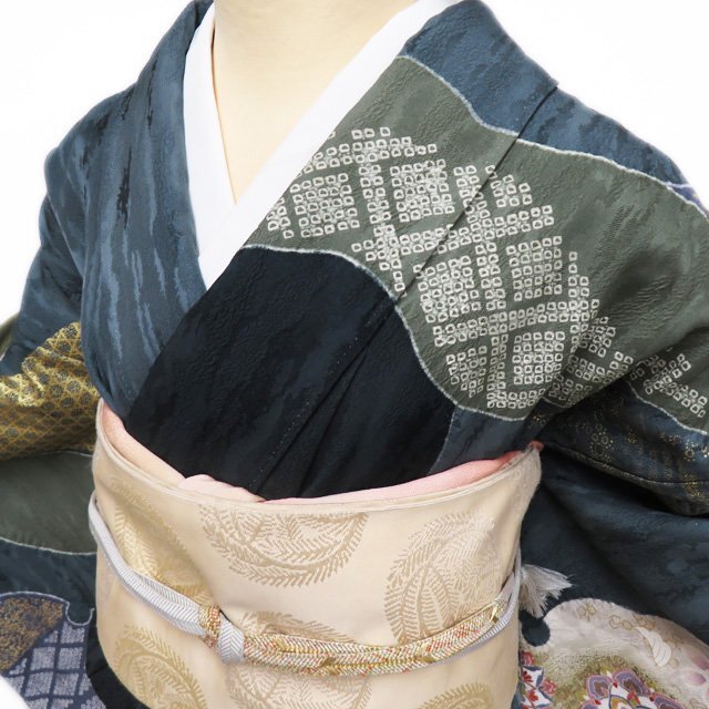 訪問着 着物 正絹 袷 フォーマル 刺繍 絞り 花模様 花文 華紋 緑 訪問着 着物 正絹 袷 フォーマル 刺繍 絞り 花模様 花文 華紋 緑