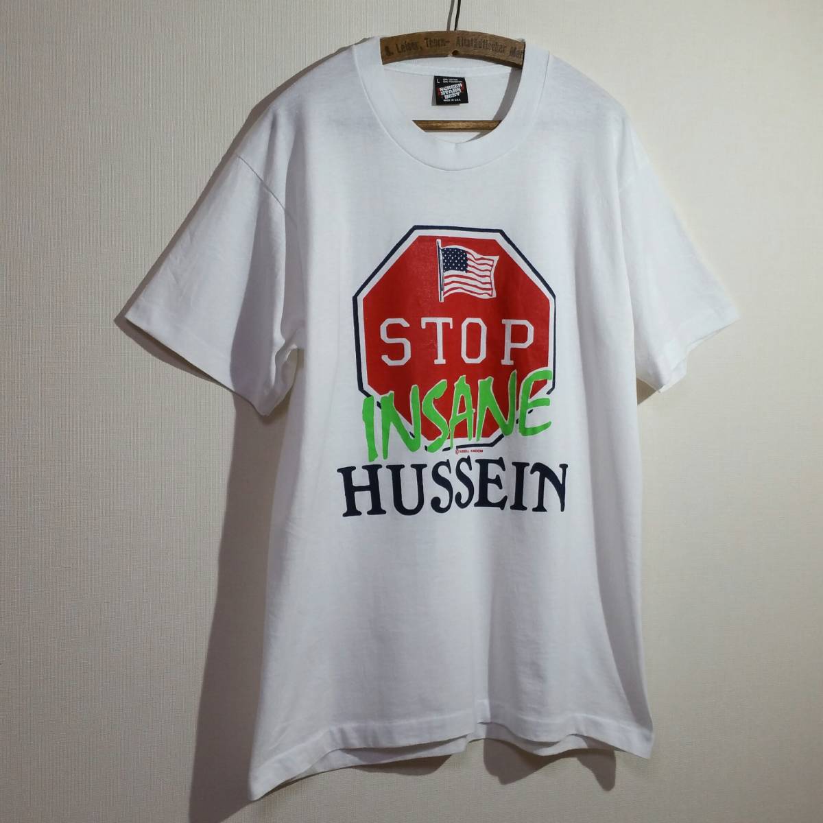 90s 初期 USA製 STOP INSANE HUSSEIN Tシャツ 湾岸戦争 サッダーム フセイン 大統領 サダムフセイン ヴィンテージ イラク Lサイズ_画像2