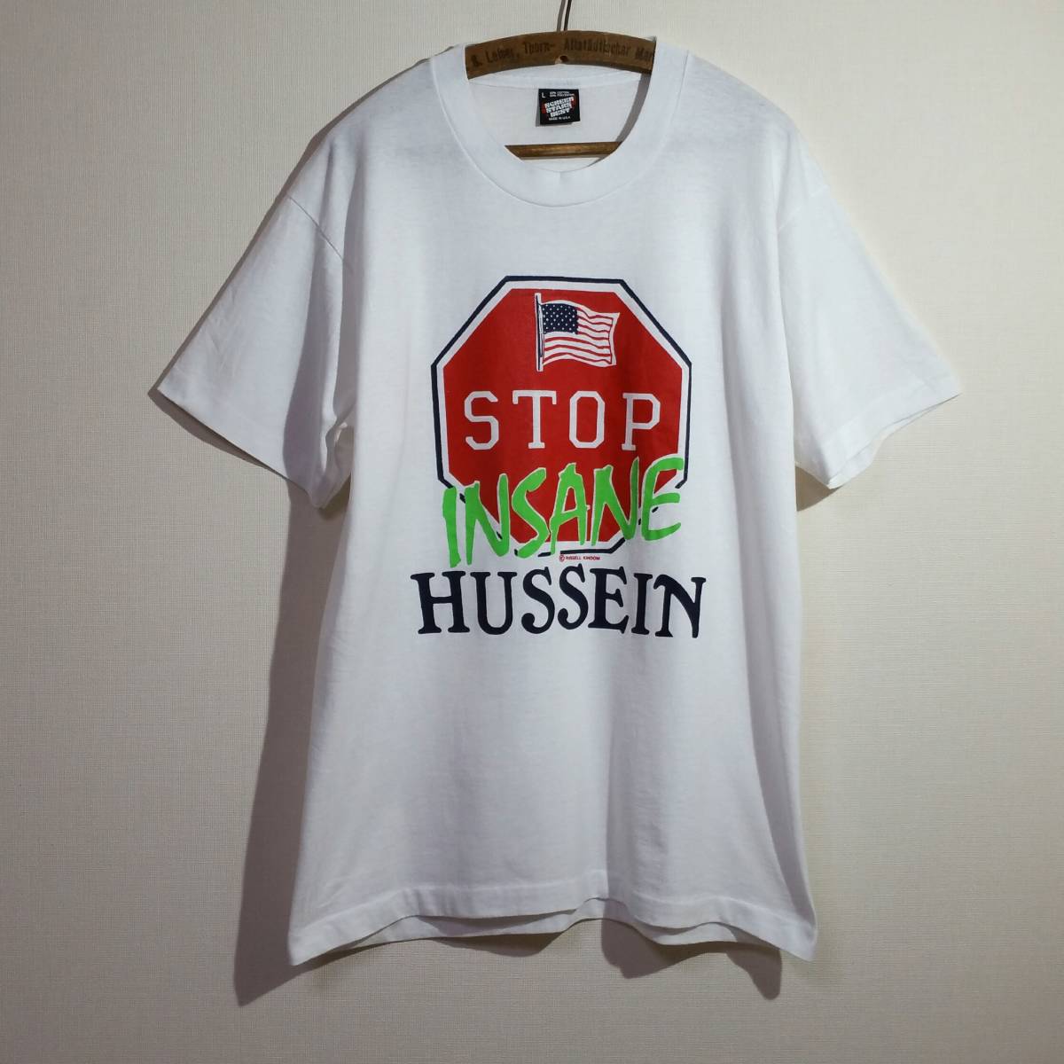 90s 初期 USA製 STOP INSANE HUSSEIN Tシャツ 湾岸戦争 サッダーム フセイン 大統領 サダムフセイン ヴィンテージ イラク Lサイズ_画像4