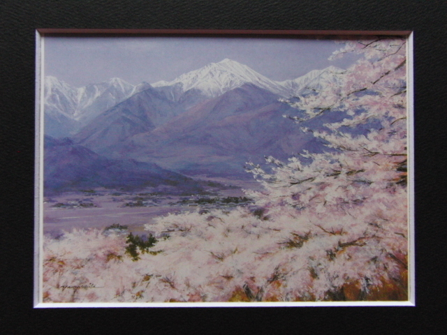 ヤフオク!   山下毅、桜とアルプス常念岳、希少画集画、風景