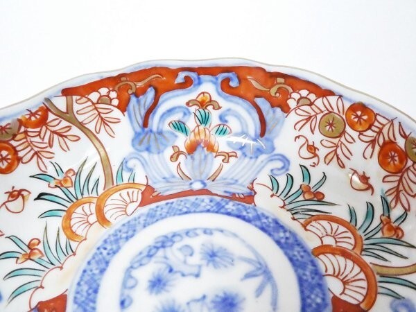 話題の人気 古伊万里 色絵 NO.3-3-4448J 通り物 5枚 輪花膾皿 水仙に蝙蝠 その他