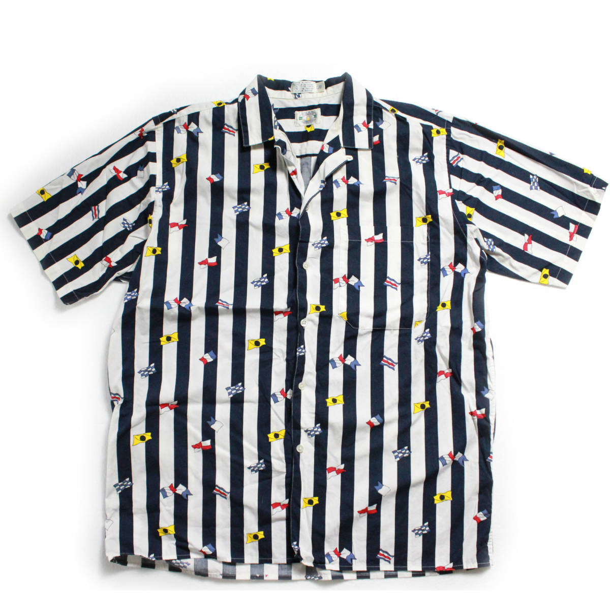 希少80´sノーティカ ストライプｘシグナルフラッグプリント半袖シャツ(L)白×紺８０年代旧タグNAUTICA COMPETITON
