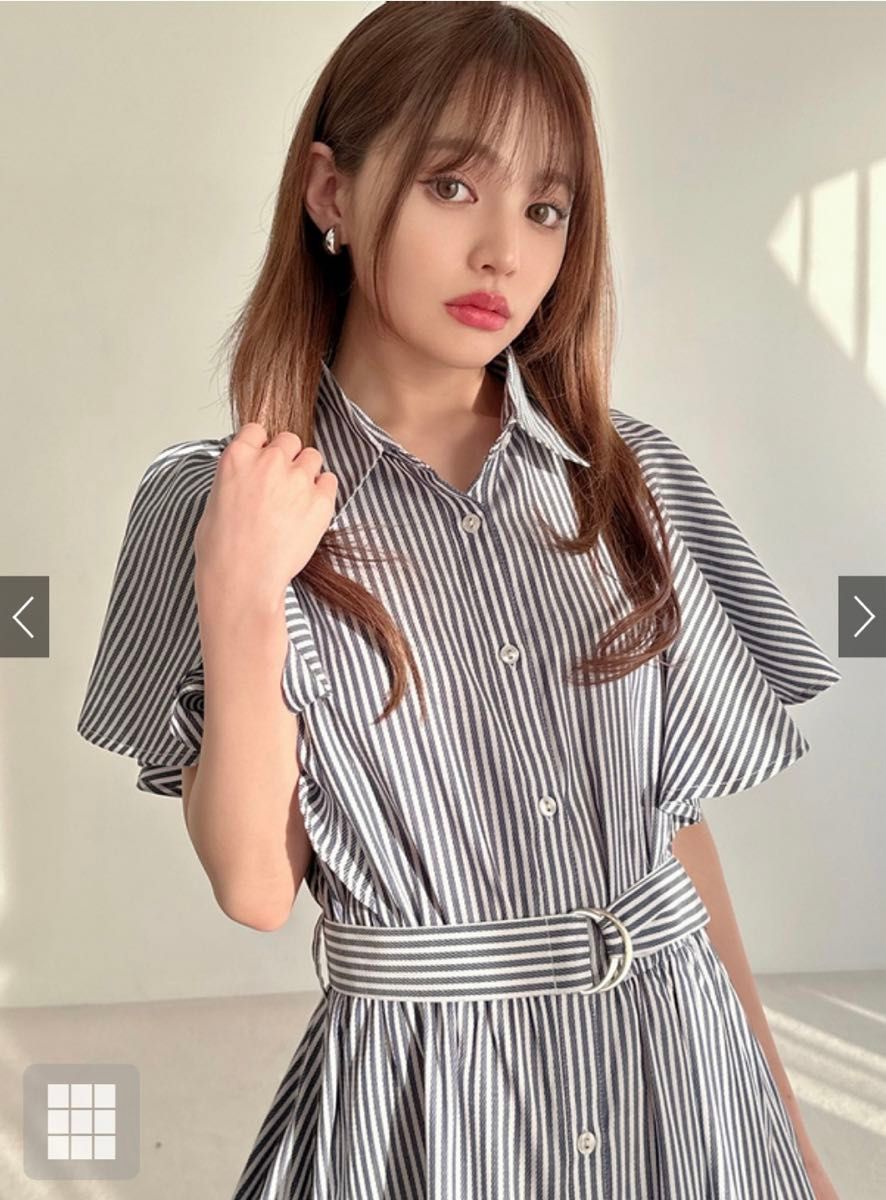 レディース シャツワンピース ベルト付 レトロ ピンストライプ柄 グレイル GRL ベルト付きストライプ柄フリルスリーブシャツ