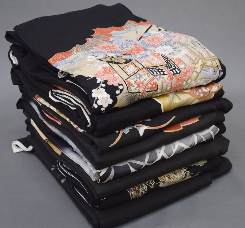 【凛々】24E　中古品 正絹 黒留袖 8点組　まとめ売り ★着用 リメイク材料にも
