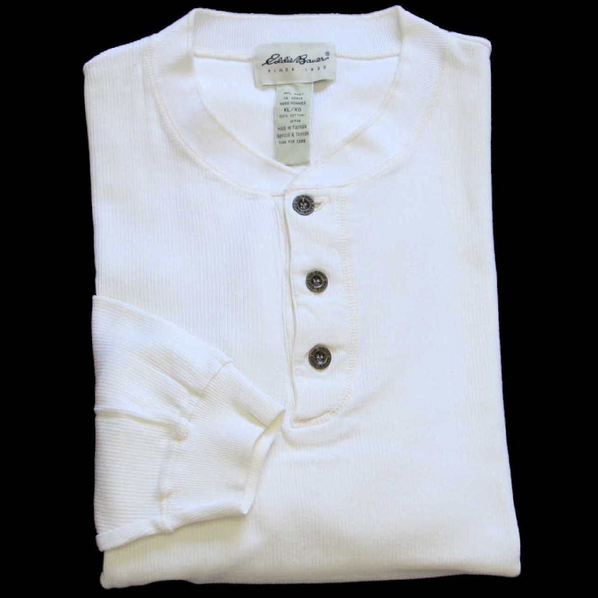 ★90s EddieBauerエディーバウアー 無地 ヘンリーネック コットン アンダーシャツ ナチュラル XL★オールド カットソー インナー ロンT