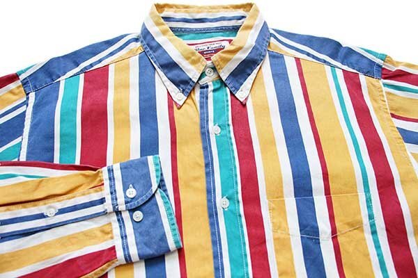 ★90s ルーマニア制 Blue Family BENETTONベネトン クレイジーストライプ ボタンダウン コットンシャツ M★オールド ユーロ オーバーサイズ