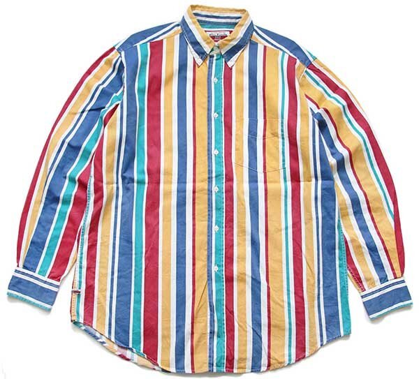★90s ルーマニア制 Blue Family BENETTONベネトン クレイジーストライプ ボタンダウン コットンシャツ M★オールド ユーロ オーバーサイズ