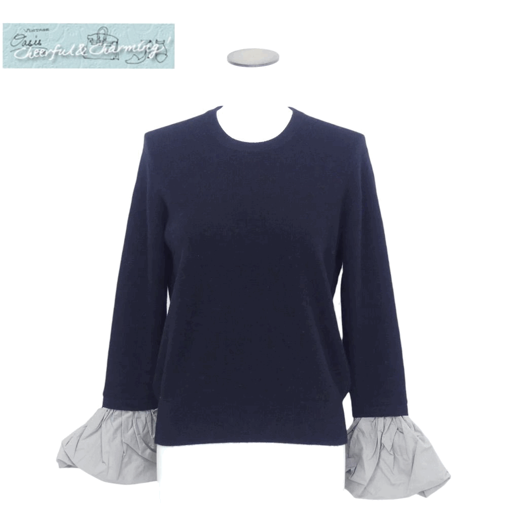 DESIGNWORKS デザインワークス バルーンカフスセーター 38 ブラック×グレージュ カシミヤウール×ポリエステル布帛