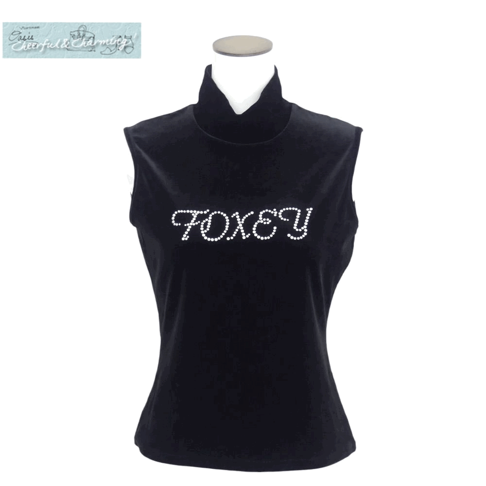 FOXEY NEWYORK トップス 40 ブラック ストレッチベロア シルバーメタルロゴ 17115