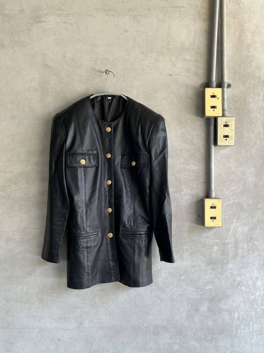 90s 90年代 00s 2000年代 フェイク レザー ジャケット ノーカラー ビンテージ レア タグ 肩パッド ストリート パンク 古着 昭和 ロック