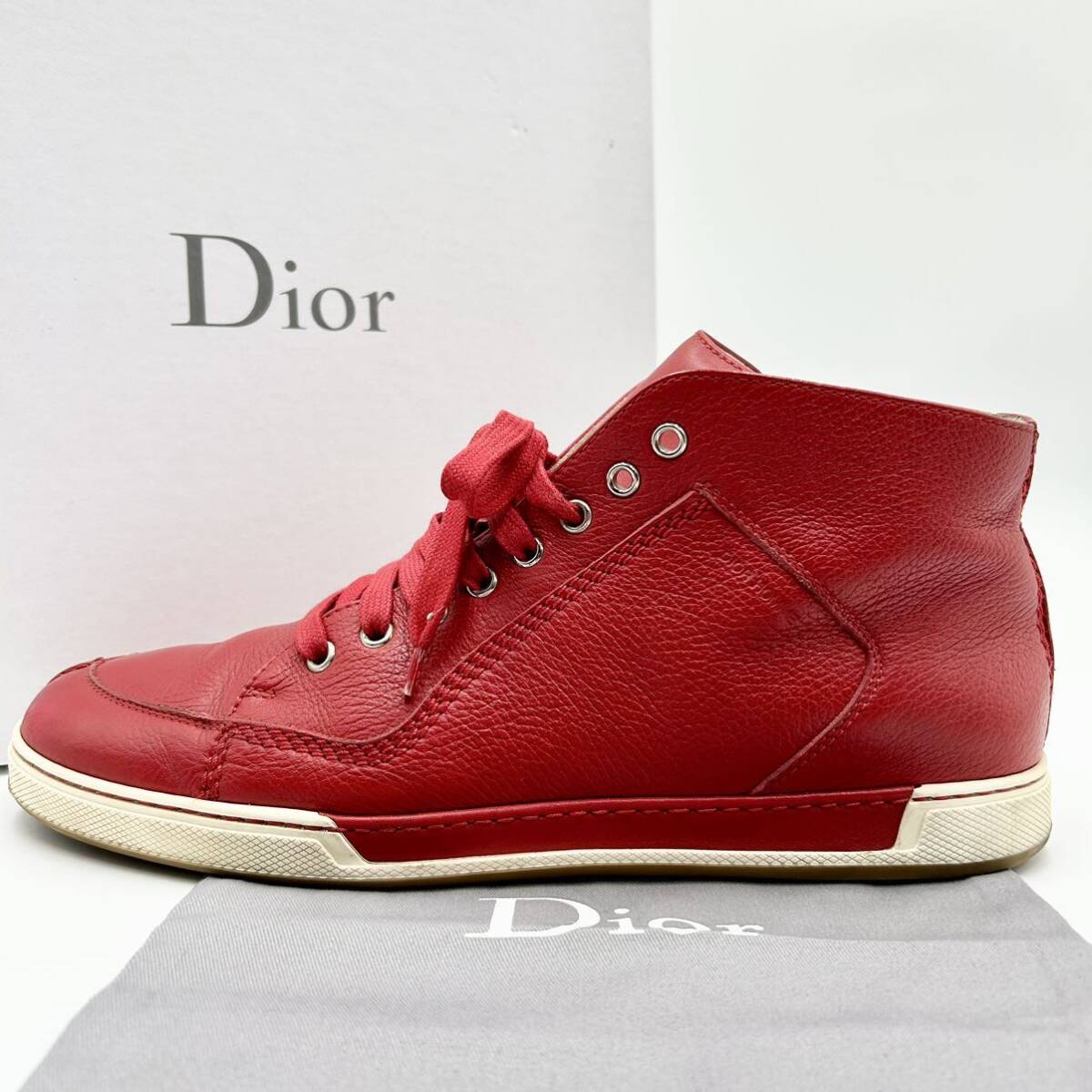 1円【美品】 Christian Dior ディオール 【圧倒的高級感】 メンズ ハイカット スニーカー シューズ ブーツ 靴 レザー レッド 赤 28.5cm相当