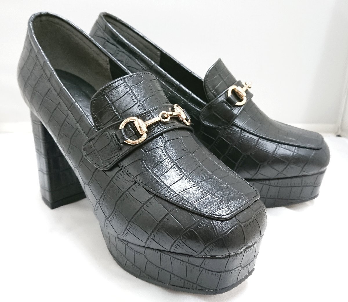 63★未使用展示品★NOFALL/ノーフォール★ ビットローファー チャンキーヒール クロコ風 マットブラック サイズ3L 約24.5～25cm