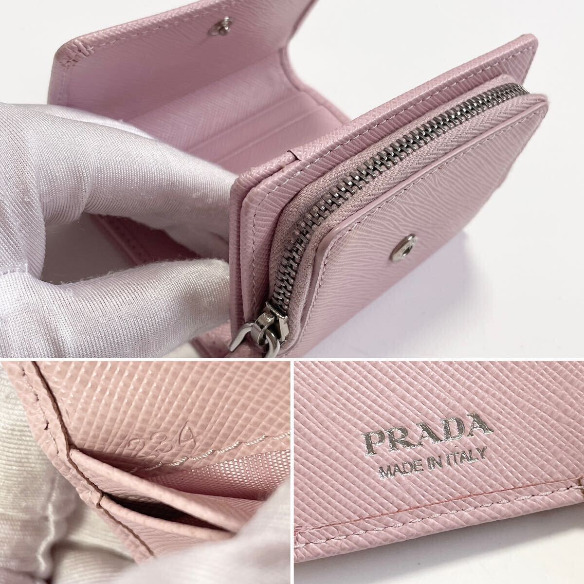PRADA プラダ 三つ折り 財布 サフィアーノ レザー ピンク 三角 PRADA プラダ 三つ折り 財布 サフィアーノ レザー ピンク 三角