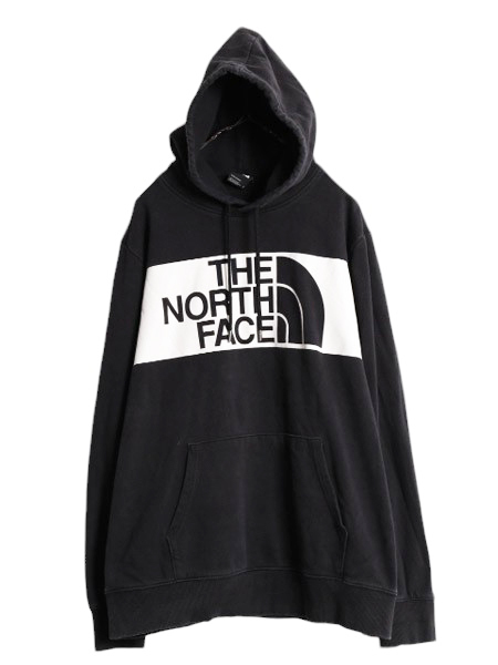 US企画 ノースフェイス プリント スウェット フード パーカー メンズ XL 古着 The North Face アウトドア スエット プルオーバー ブラック
