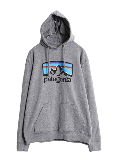 19年製 パタゴニア プリント スウェット フード パーカー メンズ L 古着 Patagonia ストレッチ プルオーバー 裏起毛 トレーナー アウトドア