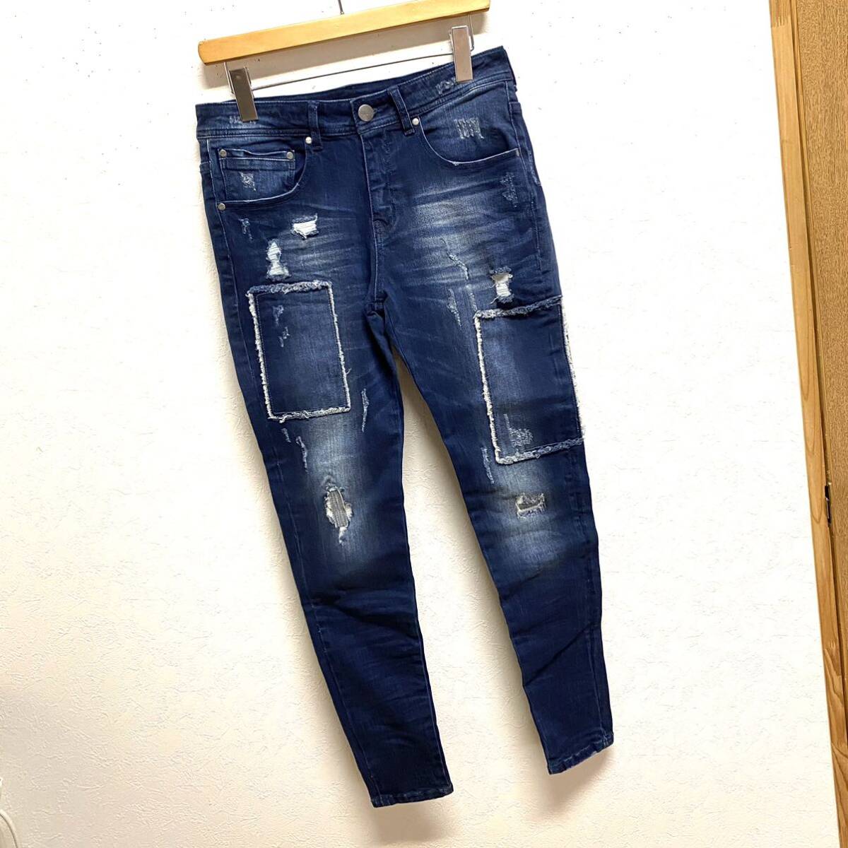 パッチワーク デニムパンツ リメイクジーンズ スキニー Lサイズ ダメージジーンズ パッチワーク ストレッチスキニー やや細め デニム