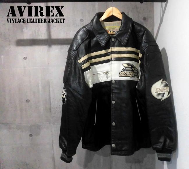 AVIREX アヴィレックス ワッペン付き オールレザースタジャン XXL/本革 レザージャケット 2XL/スタジアムジャケット/黒/フライトジャケット