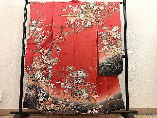 平和屋野田店■豪華振袖　流水花車文　暈し染め　金彩　逸品　BAAI3465pk