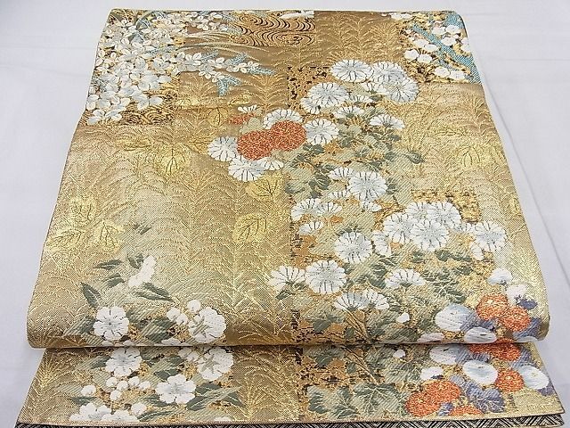 平和屋野田店■佐賀錦　六通柄袋帯　唐織　短冊飛鶴花文　金糸　逸品　BAAG1582ea