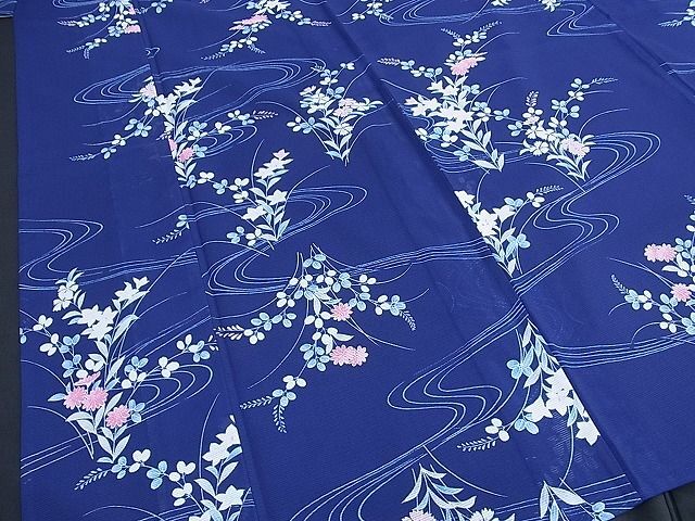 平和屋野田店■夏物　小紋　絽　手描き　流水秋草文　さんび扱い　洗える着物　BAAG3432pk