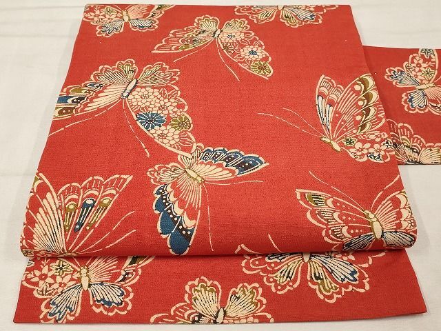 平和屋-こころ店◎全通柄九寸名古屋帯　草木染　舞蝶文　鬼しぼ縮緬　正絹　逸品　AAAJ6577Aex