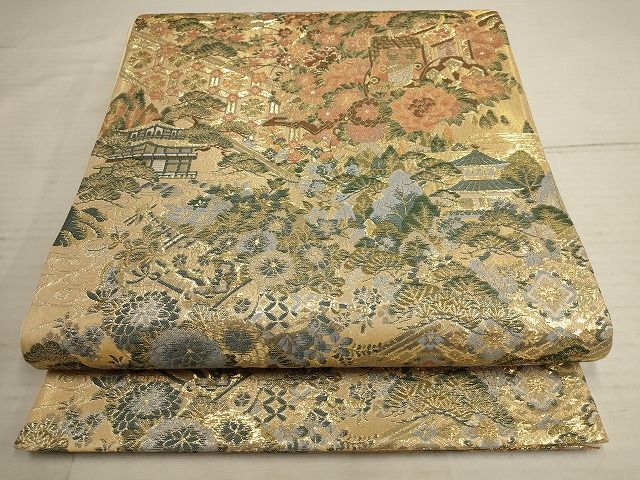 平和屋-こころ店■やまひで　ロマン幕情　平安紀行　六通柄袋帯　御所車風景文　松　梅　金彩　正絹　逸品　未使用　AAAJ8890Awj
