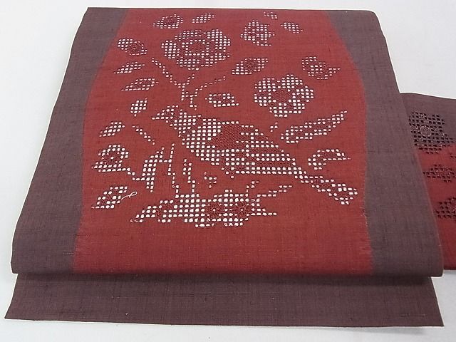 平和屋2◎九寸名古屋帯　作家物　紬地　刺繍　草花文　柿色　逸品　DAAH1505ox