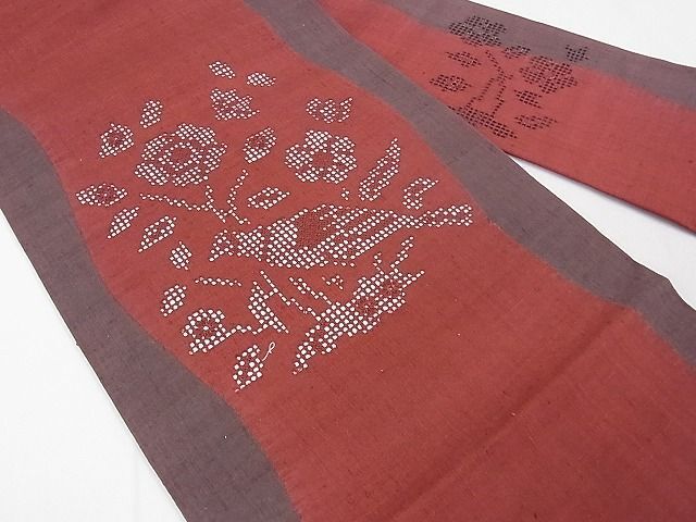 平和屋2◎九寸名古屋帯　作家物　紬地　刺繍　草花文　柿色　逸品　DAAH1505ox