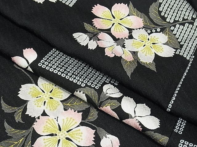 平和屋野田店■小紋　市松鹿の子枝桜　黒地　胴抜き仕立て　洗える着物　th1633