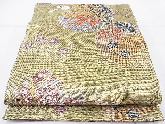 平和屋野田店◎六通柄袋帯　秋草に丸文　金糸　逸品　BAAI2072ns