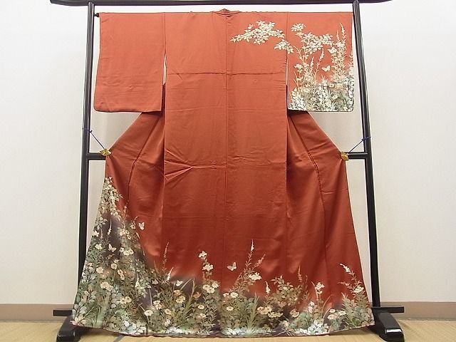 平和屋野田店■訪問着　刺繍　花蝶文　暈し染め　金彩　逸品　BAAI0193op