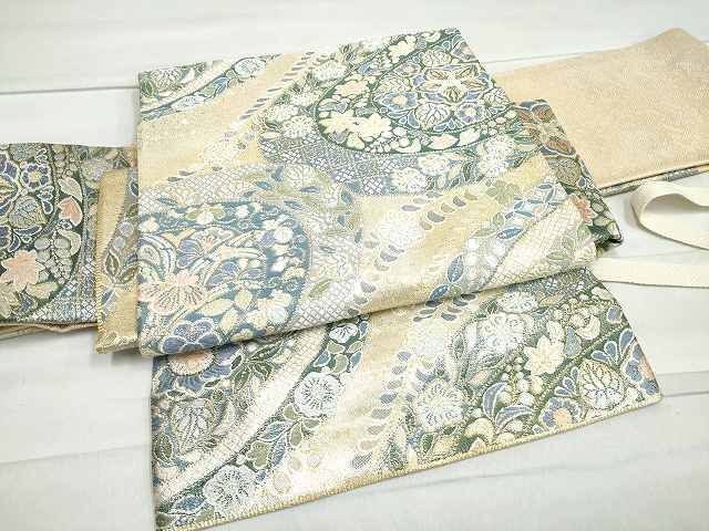 平和屋2◎つけ帯　蒼天錦　草花文　金糸　逸品　DAAG3965ea