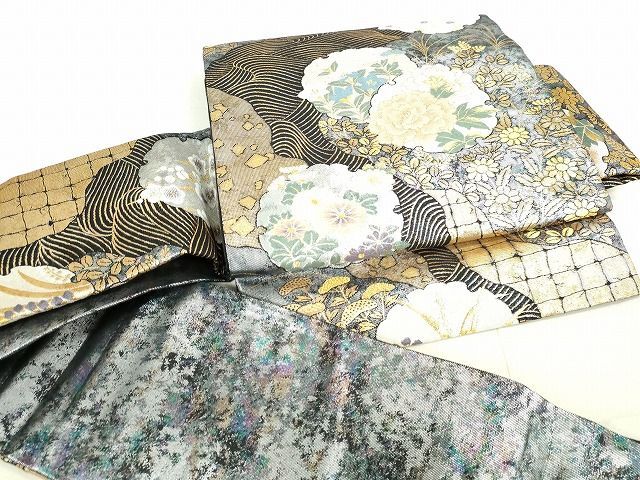 平和屋2◎つけ帯　雪輪花文　黒地　金銀糸　引箔　逸品　DAAH9597tw