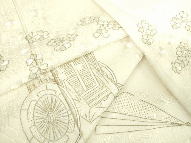 平和屋2■中国三大刺繍　スワトウ刺繍　汕頭刺繍　総刺繍　訪問着　御所車流水桜　金糸　象牙色　逸品　DAAH5408ps