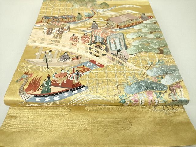 平和屋2■六通太鼓柄袋帯　総刺繍　渡橋人物風景花文　金銀糸　引箔　逸品　DAAH5464ps