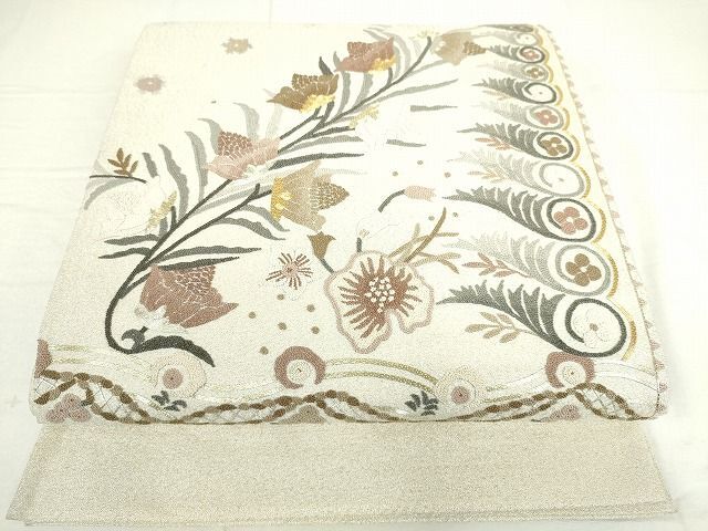 平和屋2■中国三大刺繍　相良刺繍　総刺繍　綴れ　太鼓柄袋帯　駒刺繍　草花文　金糸　逸品　DAAG8594az