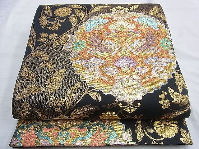 平和屋野田店■六通柄袋帯　向かい鳳凰花唐草文　黒地　金銀糸　逸品　BAAJ1265du