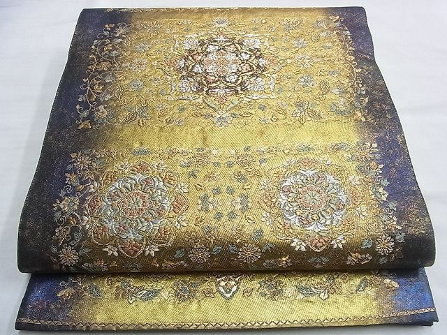 平和屋野田店■六通柄袋帯　横段更紗華文　金銀糸　引箔　逸品　BAAJ1273du