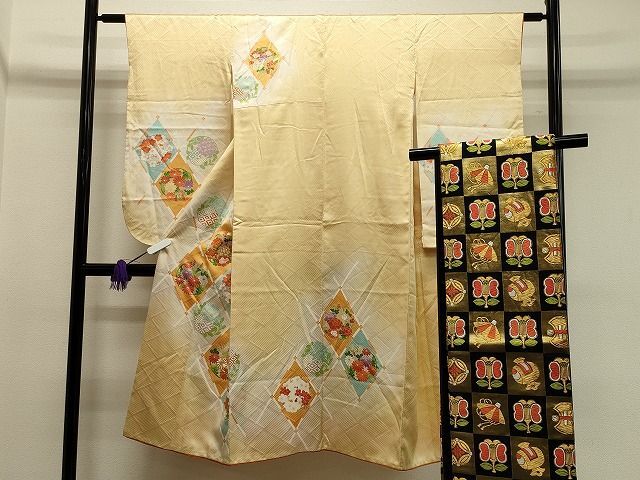 平和屋1■七五三　女の子　7歳　祝着・帯セット　駒刺繍　菱花丸文　暈し染め　金銀彩　逸品　CAAH8432gh