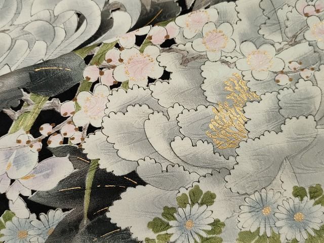 平和屋1■上質な小紋　乱菊花文　黒地　金彩　逸品　CAAH7034dy